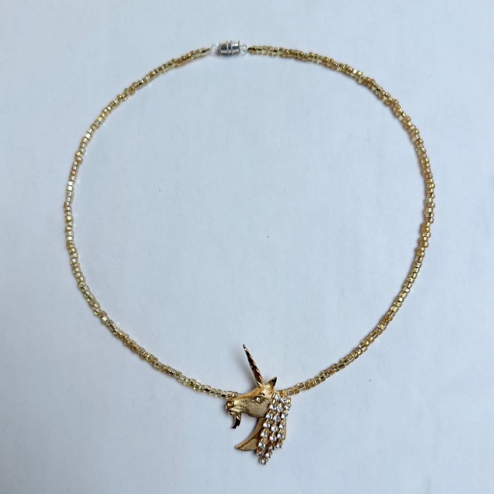 Handmade Gold Tone Unicorn Rhinestone Pendant Beaded Necklace 18 Inch Mystical